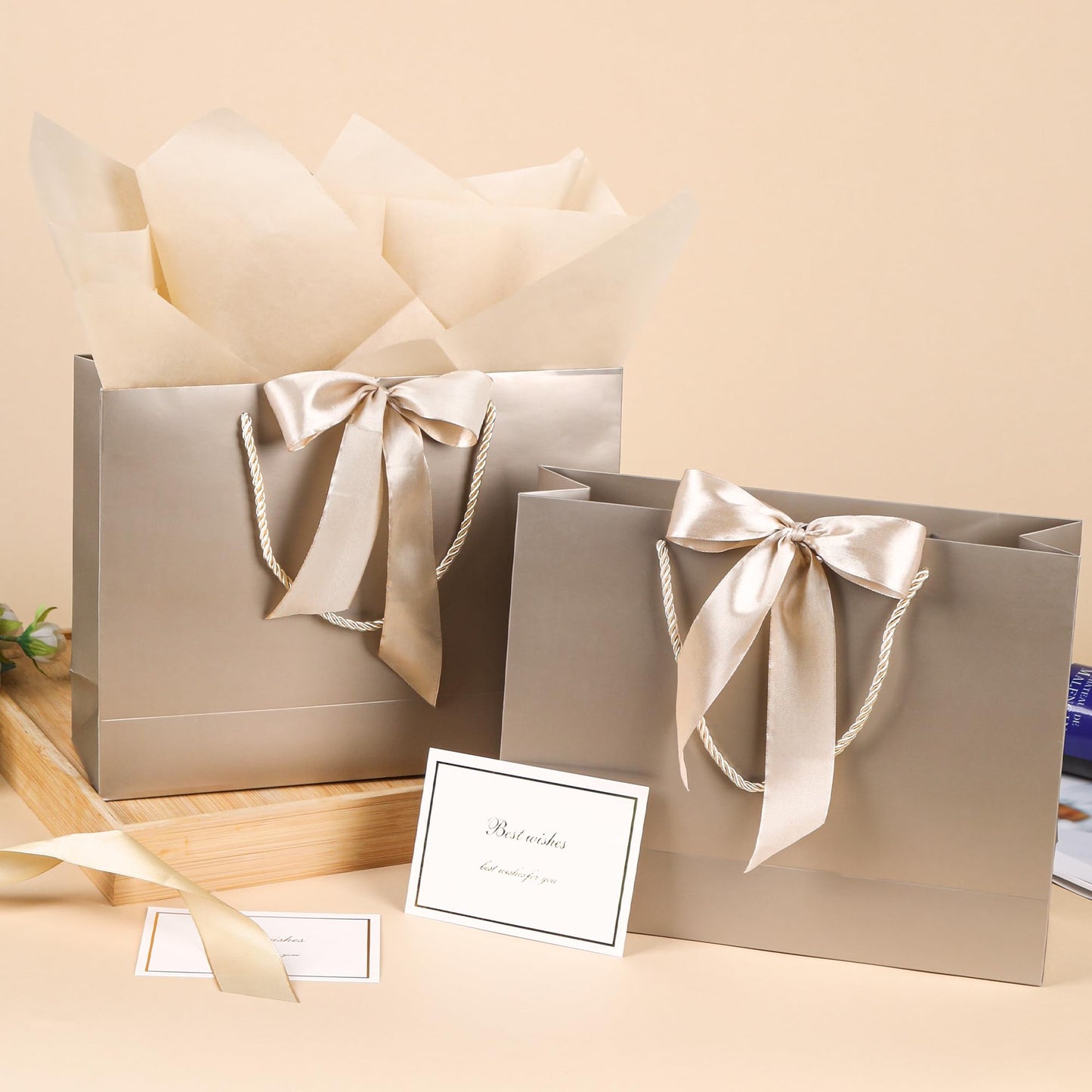 PASEOTA 12.6" Gift Bags Bulk, 10 Pcs Gift Bags with 20 Tissue Paper 10 Greeting Cards, Luxury Bag with Handles for Anniversary Wedding Birthday Christmas (Champagne)