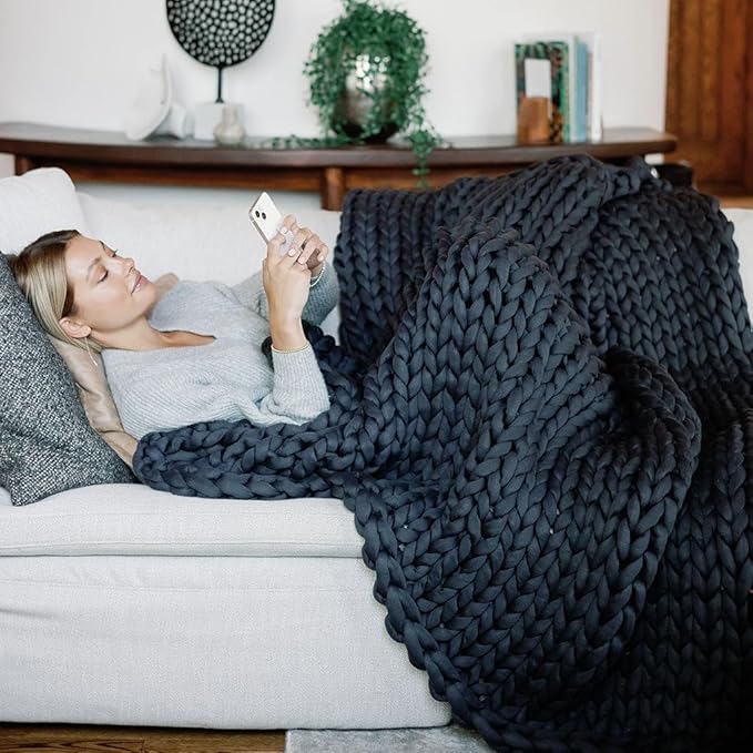 Nuzzie Chunky Knit Weighted Blanket - Breathable, Cooling, Hand Made Knit Throw Blanket for Sleep - Machine Washable, Stylish Design (Charcoal, Full | 16lbs | 48"x72")