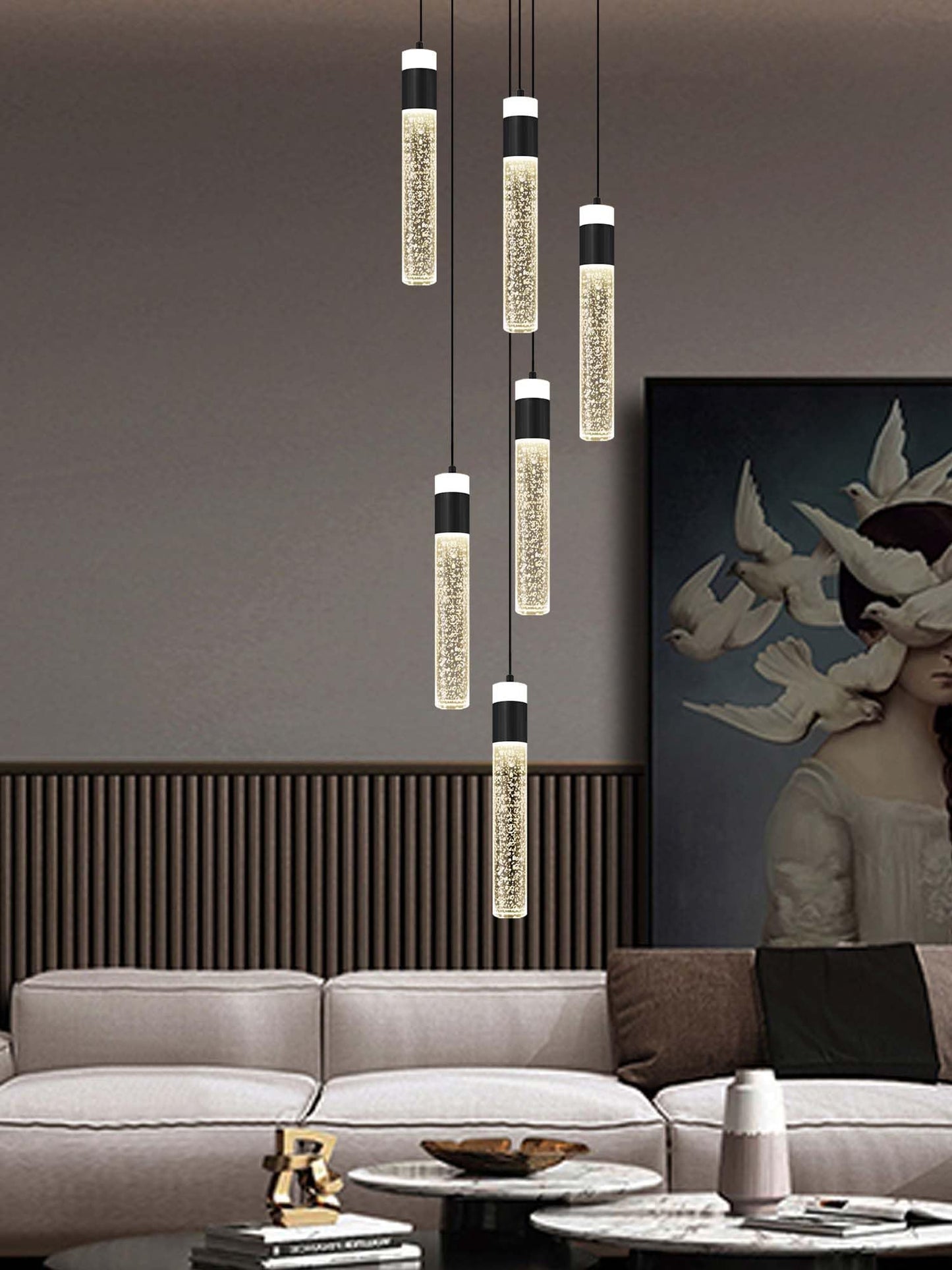 IDEQUY 6-Lights Modern Crystal Column Chandelier for Living Room Foyer Long Crytsal Chandeliers Pendant Lighting Flush Mount Hanging Light Fixture for Living Room Foyer Entryway
