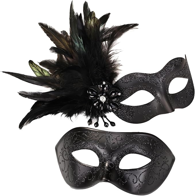 MYSEUNI Black Couples Masquerade Mask Set - Women's Masquerade Masks with Feathers & Venetian Mask for Men, Mardi Gras, Ha...
