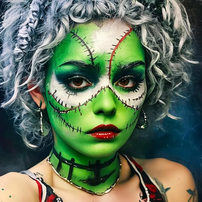MEICOLY Green Face Paint Kit for Halloween Wicked Witch Elphaba Frankenstein Costume,Halloween Green Makeup Frankenstein,White Face Paint Stick,Setting Powder,Red Lipsticks,False Eyelash
