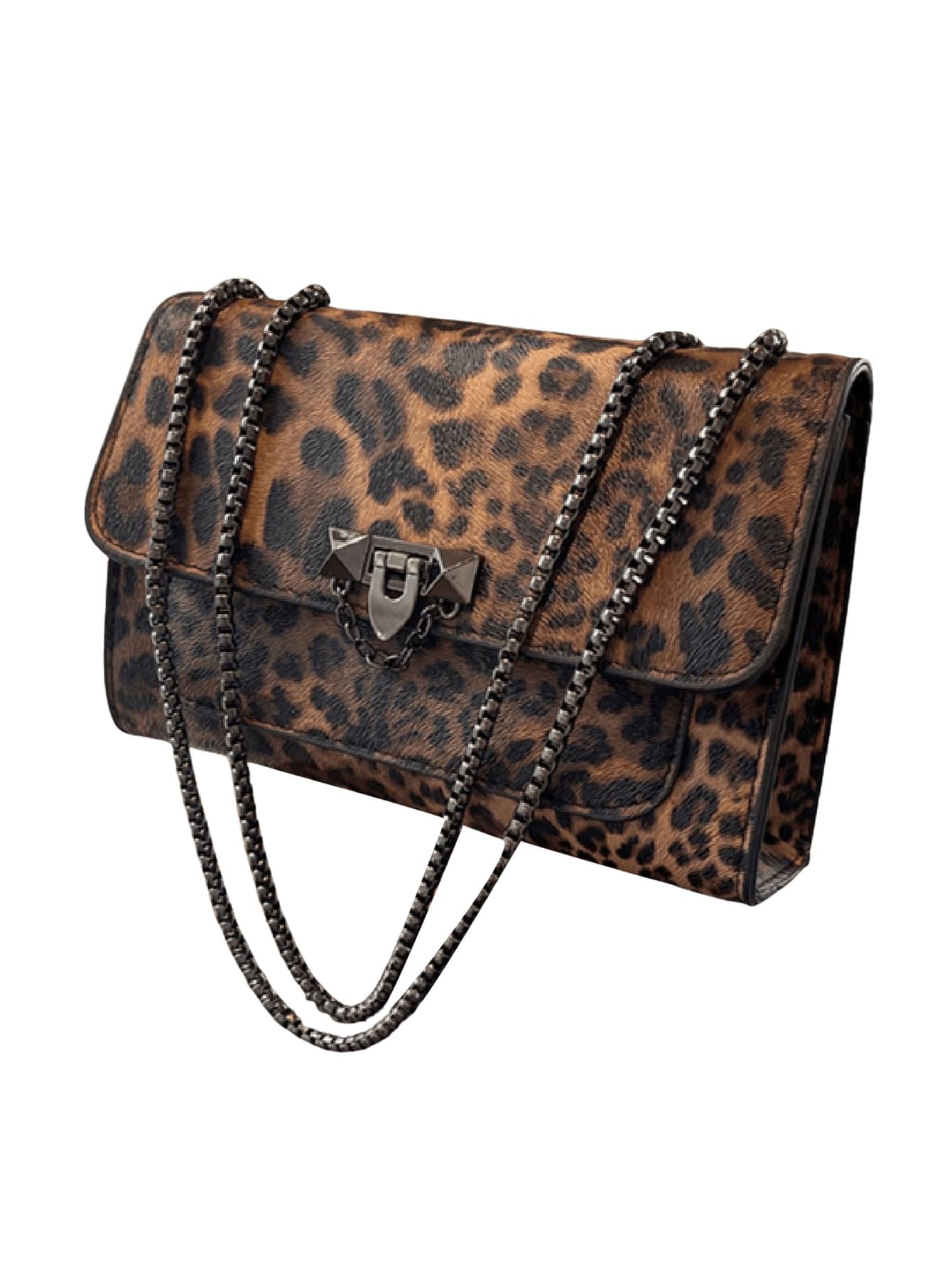 RoseSeek Women's Leopard Print Chain Shoulder Bag Metal Buckle Handbags Leather Clutch Purse Coffee Brown One-Size