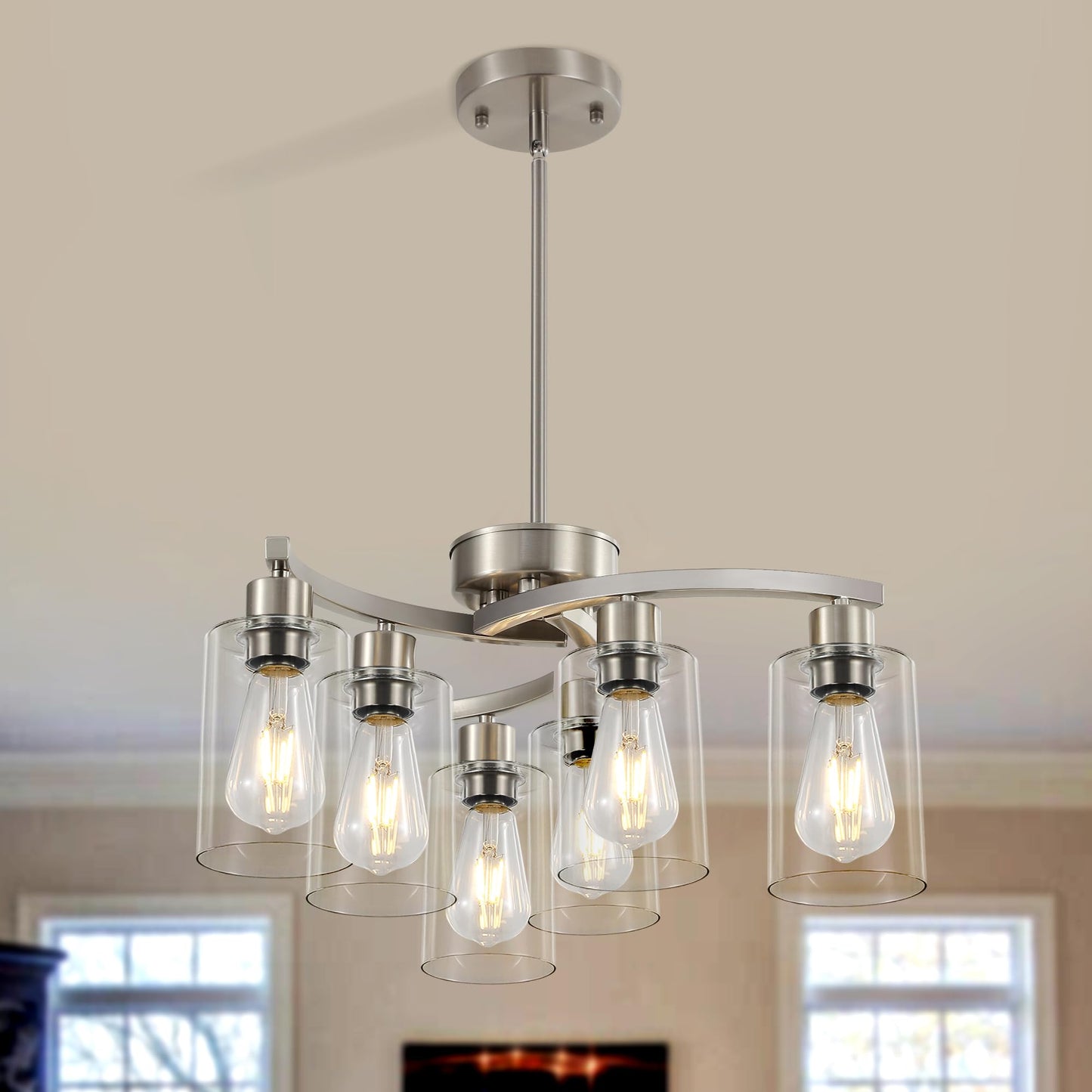 Sigaitwei 6 Light Farmhouse Brushed Nickel Chandelier,21.7" Modern Chandeliers for Dining Room Light Fixtures Over Table,Pendant Lights Kitchen Island,Metal Bracket with Downward Clear Glass Shade