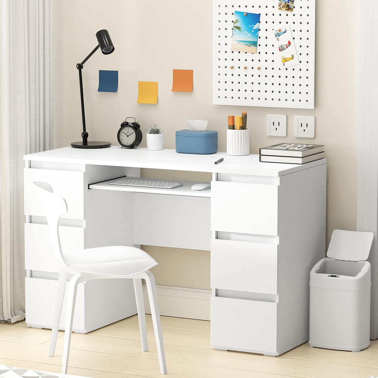 Furniwood White Desk with Drawers Computer Desk for Bedroom, Home Office Table with Storage, 47 Inch Writing Wood Desks Executive Desks, Workbench Study Counter Small Gaming Table, White