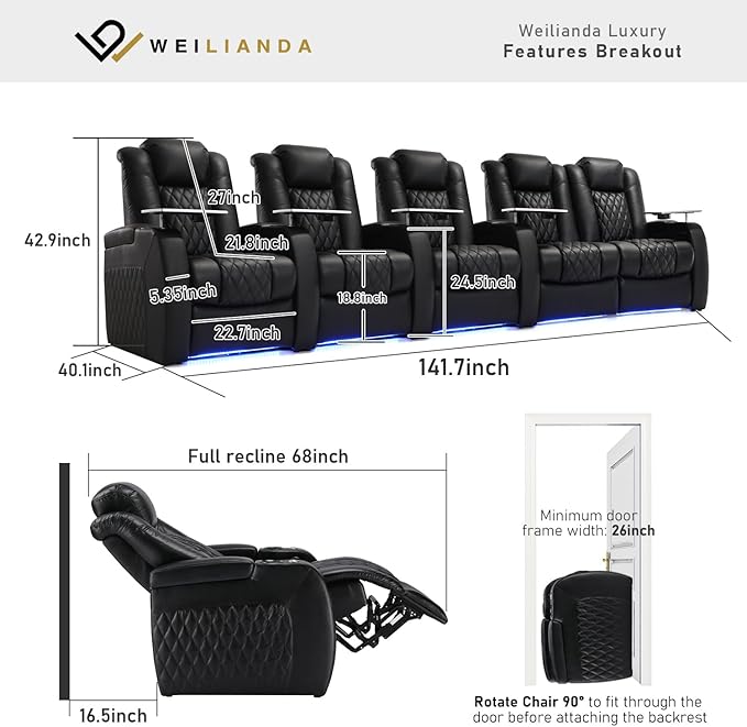 Weilianda Home Theater Seating Top Grain Leather Zero Gravity Recliner Chair Power Headrest Recline Movie Seat Gaming 7 Colors Mood Light Sofa with Tray Table USB Charge Row of 5 Loveseat Right Black
