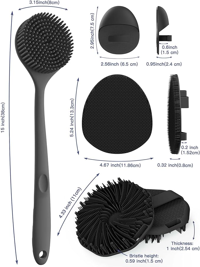 Manmihealth Silicone Back Scrubber & Soft Bath Glove, Silicone Scalp Massager Set 5 PCS, Super-Exfoliating Body Scrubber Shower Brush & Shampoo Brush Combination, with 2 Free Hooks (Style 1 Black)