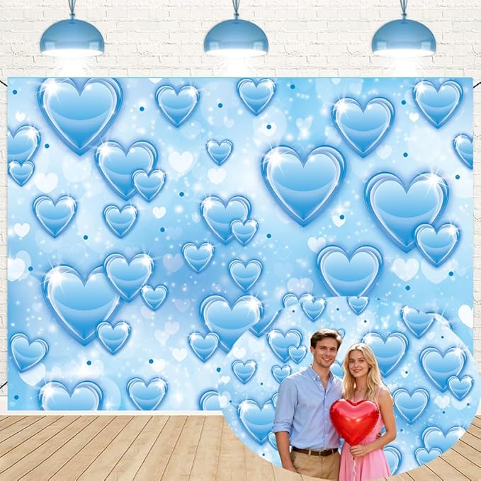 Blue Heart Photo Backdrop 7x5FT 2000s Romantic Valentine's Day Photography Background Sweet Birthday Party Wedding Decorat...