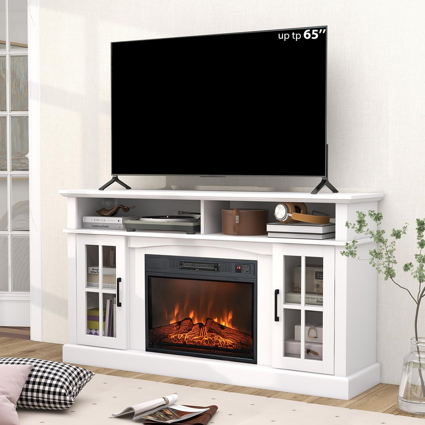 Simoe 58 In Tv Stand With 23 Inch Fireplace, Electric Fireplace Tv Console For Tvs Up To 65, Entertainment Center/W 2 Cabinets &