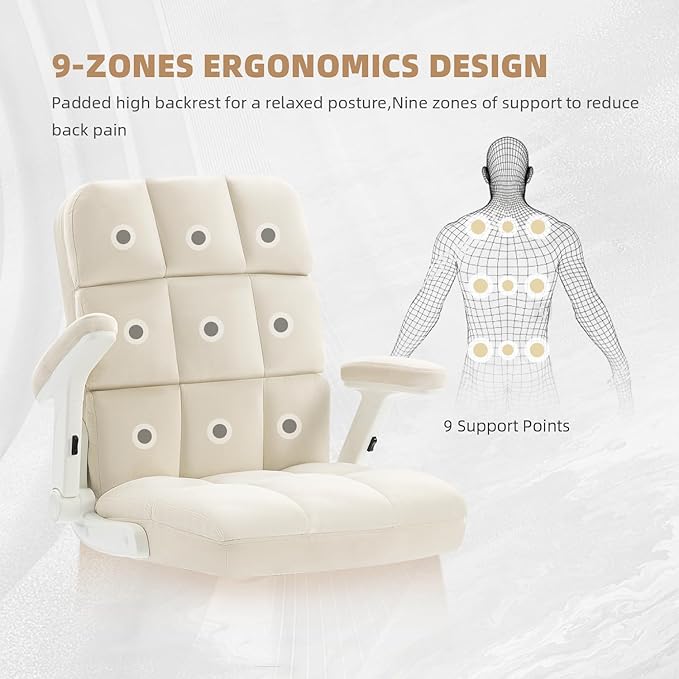 SEATZONE Home Office Chair–Beige Velvet Desk Chair with Wheels, Comfortable Computer Work Chair with Flip-up Arms and Adjustable Tilt