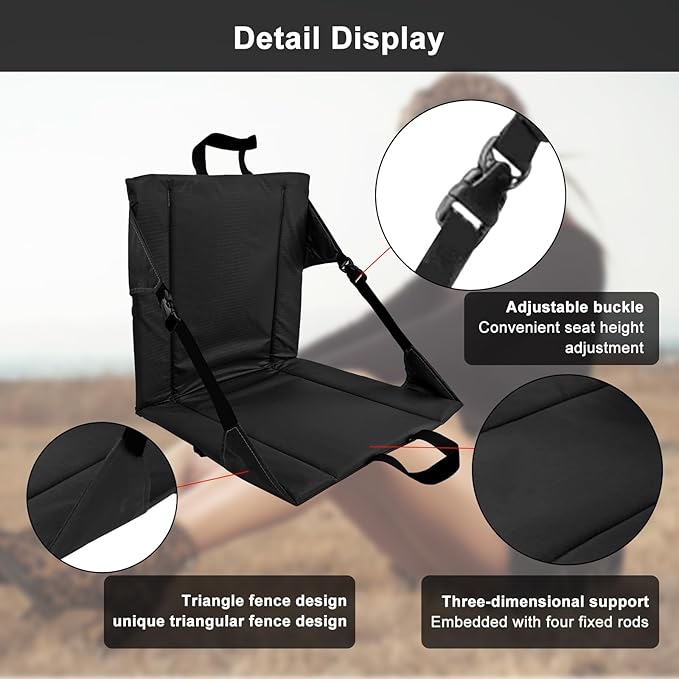 LynsaTac Folding Stadium Seat Cushion with Backrest, Portable Bleacher Pad for Camping, Fishing,15.8'' x 16.5'',Lightweight Chair with Backrest for Outdoor Sports and Concerts (Black)
