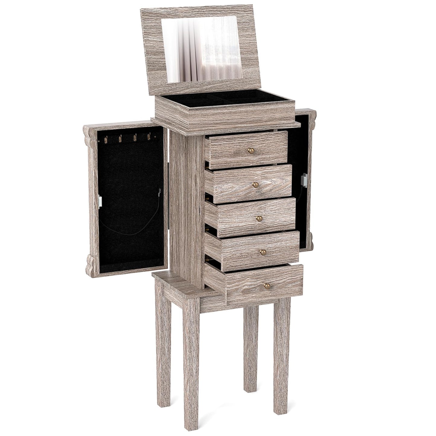 CHARMAID Gray Cabinet, 5 Drawers Jewelry Armoire with Mirror, Swing Doors, Necklace Hooks, Standing Organizer, Large