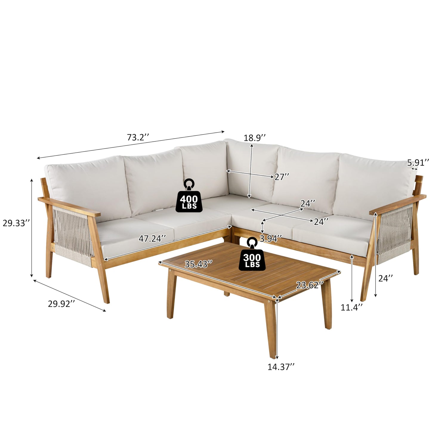 Merax Outdoor 4-Piece Acacia Wood & Rope Sectional Patio Corner Set, L-Shaped Sofa with Coffee Table, Handmade Woven Garden Furniture for Poolside & Deck