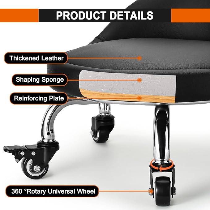FLOLXNB Low Height Rolling Stool,Low Stool Chair with Back,Low Roller Seat Stool Chair,Rolling Stool for Home Office Garage Shop,M
