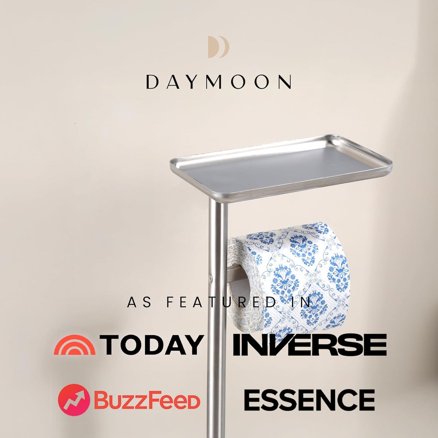 Day Moon™ Brushed Nickel Toilet Paper Holder Free Standing Toilet Paper Holder with Storage - Toilet Paper Stand and Tissue Holder for Bathroom - Toilet Paper Holder with Shelf and Wipe Holder