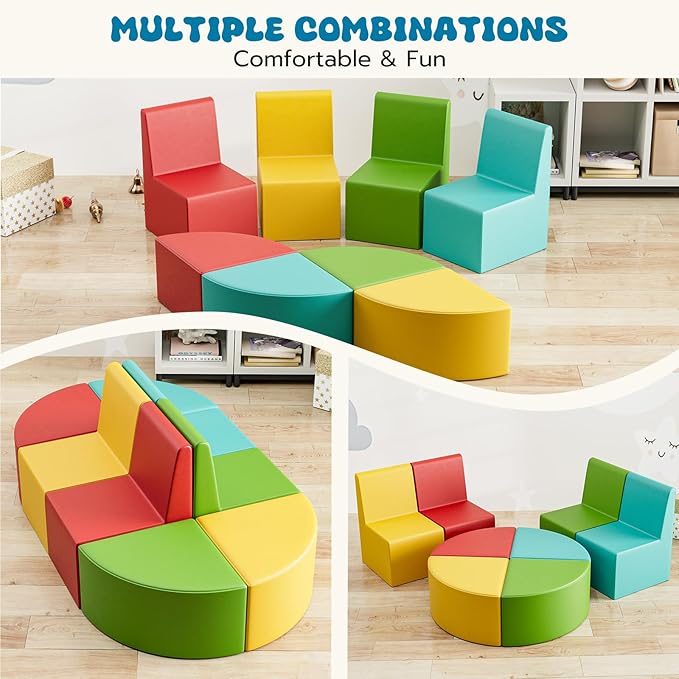 UMOMO 8-Piece Flexible Seating Set for Classroom, Colorful Modular Kids Couch for Playroom, Daycare, Preschool (Red+Yellow+Blue+Green)