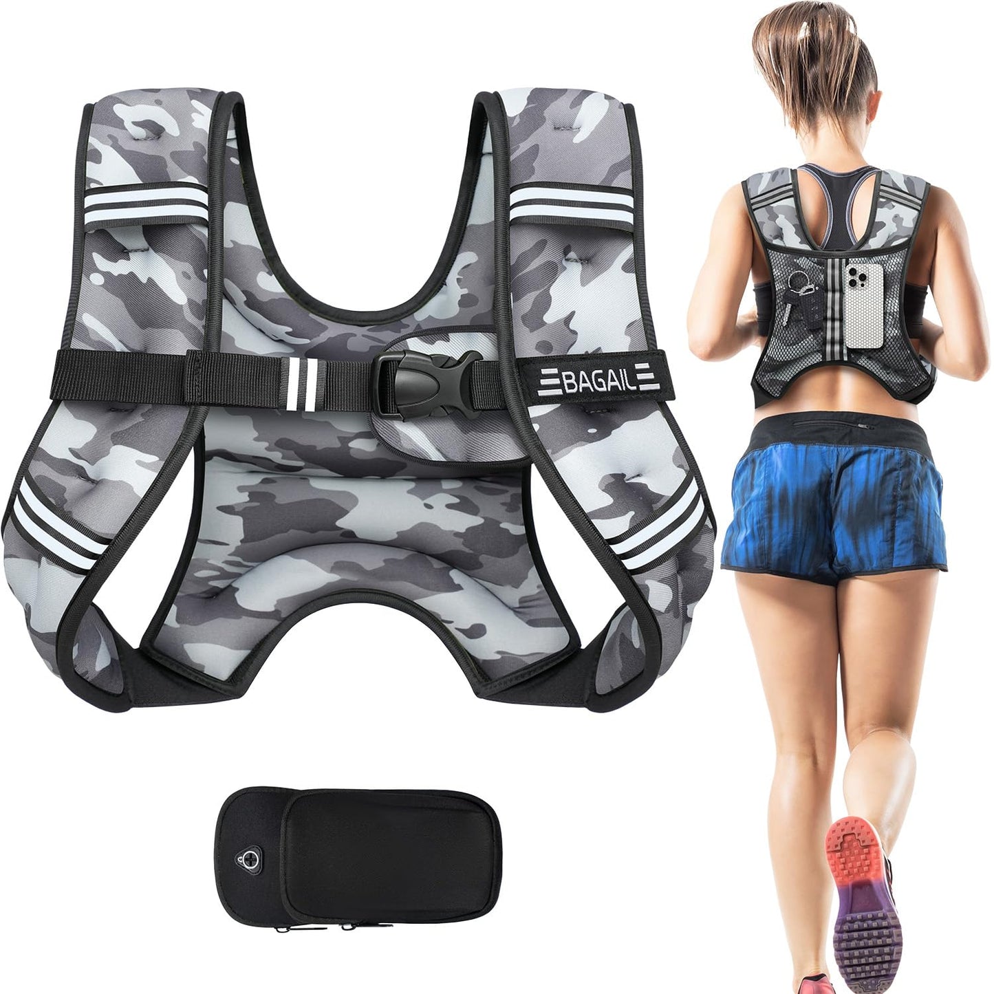 BAGAIL Weighted Vest, 5lb/8lb/10lb/12lb/15lb/20lb/25lb/30lb Weight Vest for Walking & Weight Loss, Reflective Rucking Vest with Phone Pouch for Women & Men, Home Gym & Outdoor Training