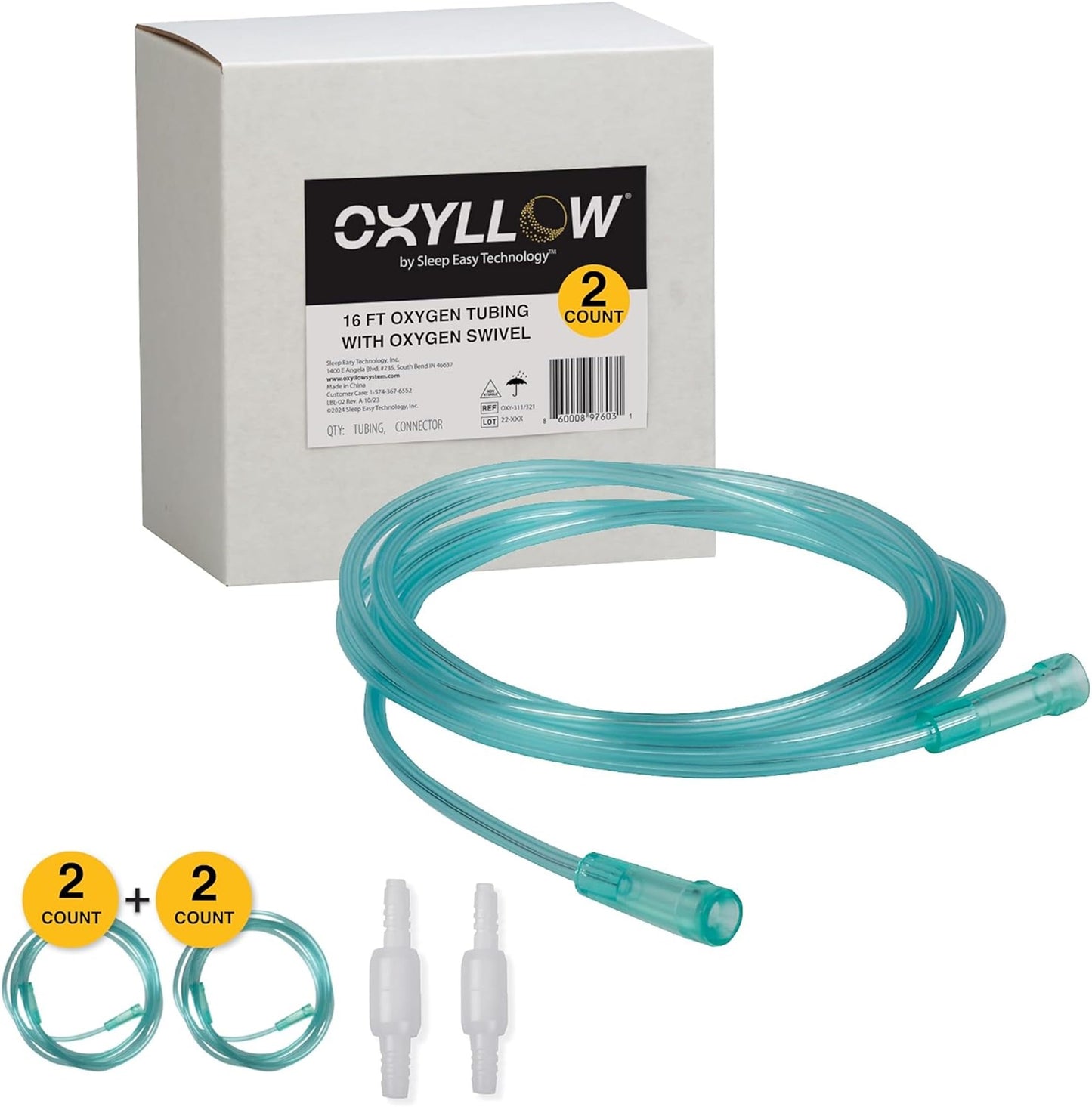 Oxyllow Premium 25 FT Oxygen Tubing and Oxygen Swivel - 2-Count - 6-Channel Kink-Resistant Air Flow - High-Visibility Green Tint - Universal End Connectors - Durable, Medical Grade Oxygen Therapy