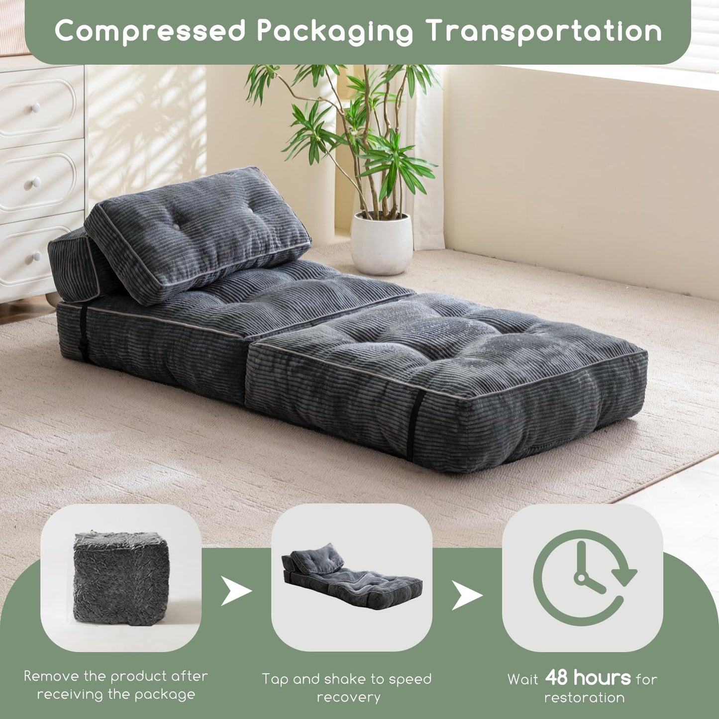 HIGOGOGO Folding Couch Sofa Bed, Convertible Sleeper Chair with Pillow Foldable Mattress with Back Support, Portable Fold Out Chair Bed Floor Mattress,Comfy Floor Sofa for Living Room,Bedroom