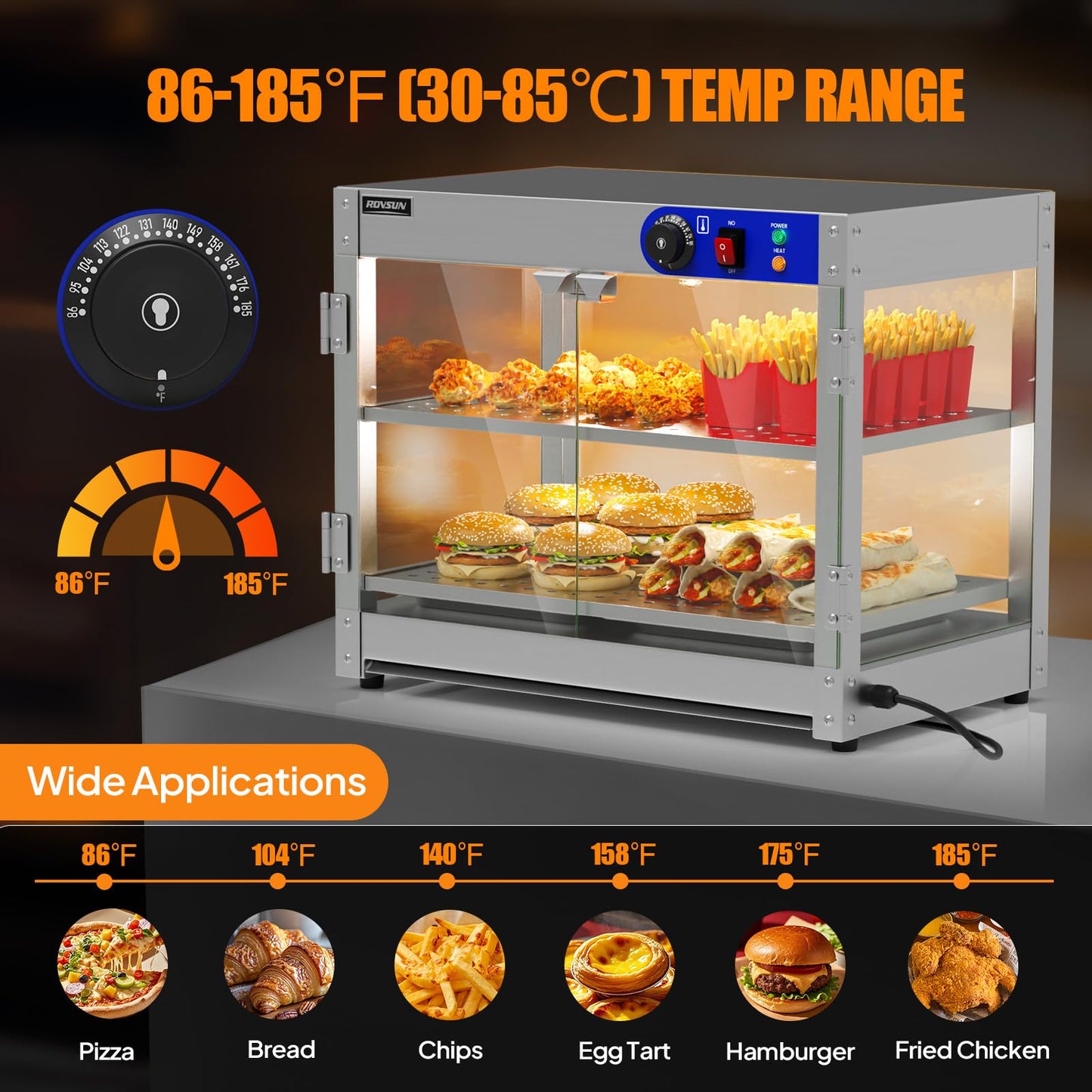 ROVSUN 2-Tier Food Warmer Pizza Warmer, Commercial Food Warmer Display with LED Lighting Removable Shelves Glass Door, Electric Countertop Food Warmer for Buffet Restaurant 110V 800W