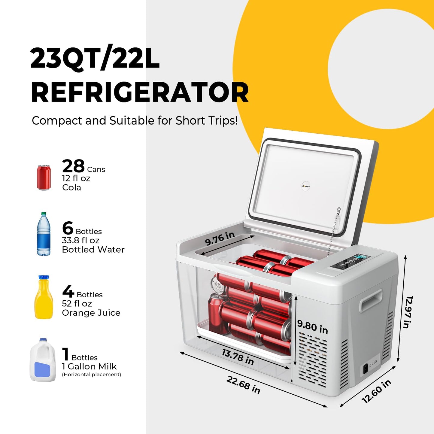 BougeRV 12 Volt Refrigerator With 23 Quart Cover, 12V Car Fridge 23 Quart Portable Freezer Compressor Cooler Compressor Freezer, 12/24V DC 110~240V AC, -8℉~50℉ for Truck RV SUV