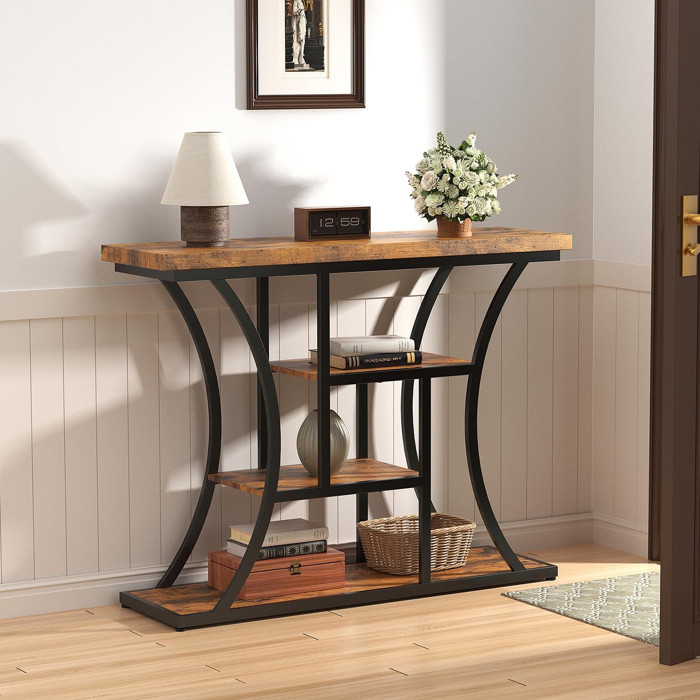 Loftiage 41.3" Industrial 4 - Tier Console Table with Curved Metal Frame, Narrow Long Entryway & Sofa Table with Storage Shelves for Living Room, Accent Hallway Furniture