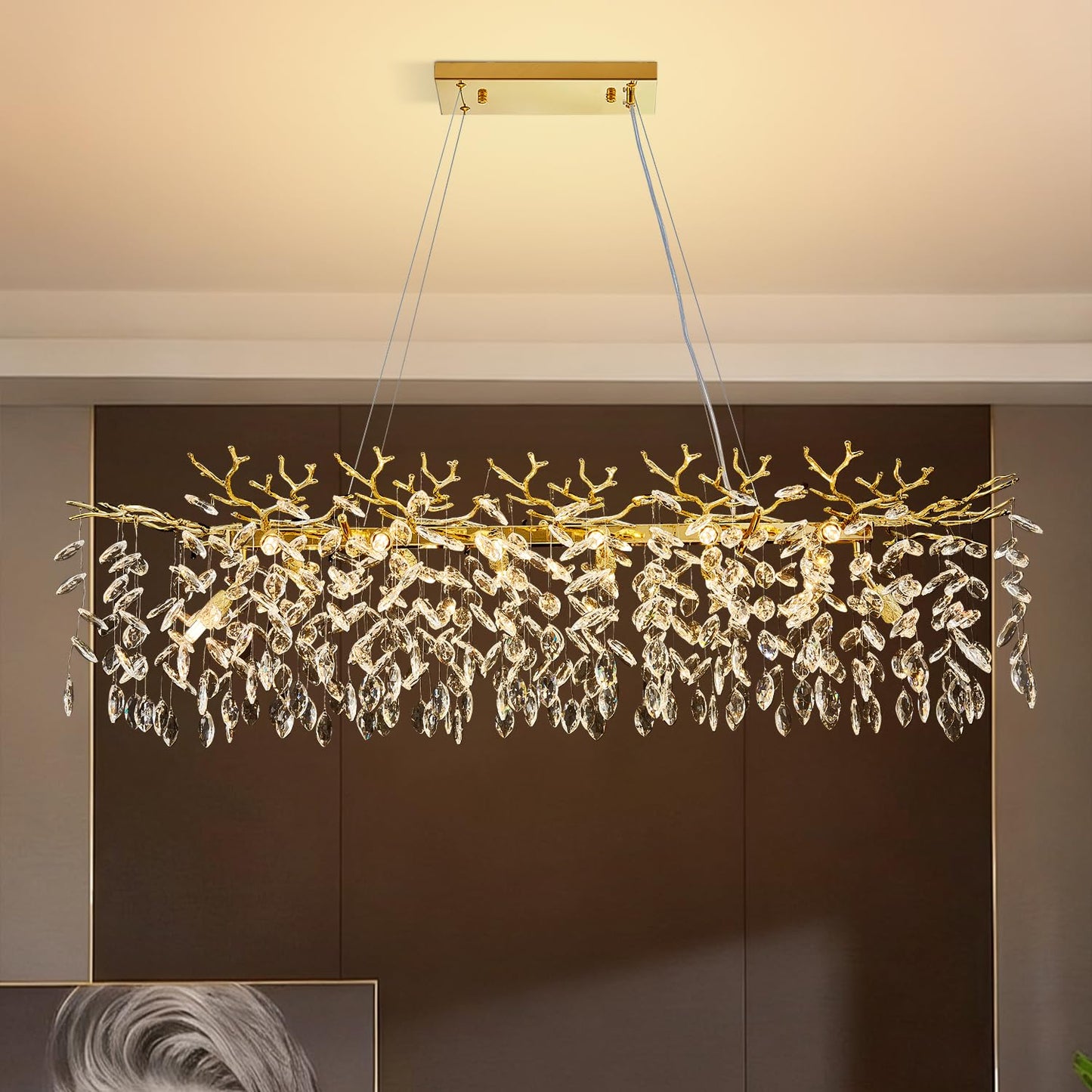 KJLARS Modern Rectangular Chandelier, 47.3" Gold Crystal Tree Branch Chandelier 14 Lights Luxury Raindrop Light for Dining Room, Kitchen Island, Living Room