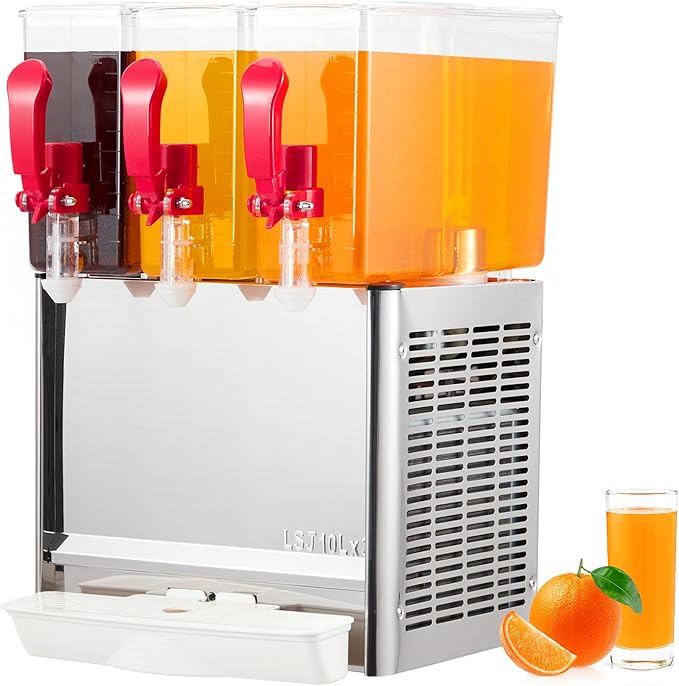 SunnyFurn Commercial 3-Tank Juice Dispenser | 10L x 3 Stainless Steel Beverage Dispenser with Thermostat Control, 320W Dri...
