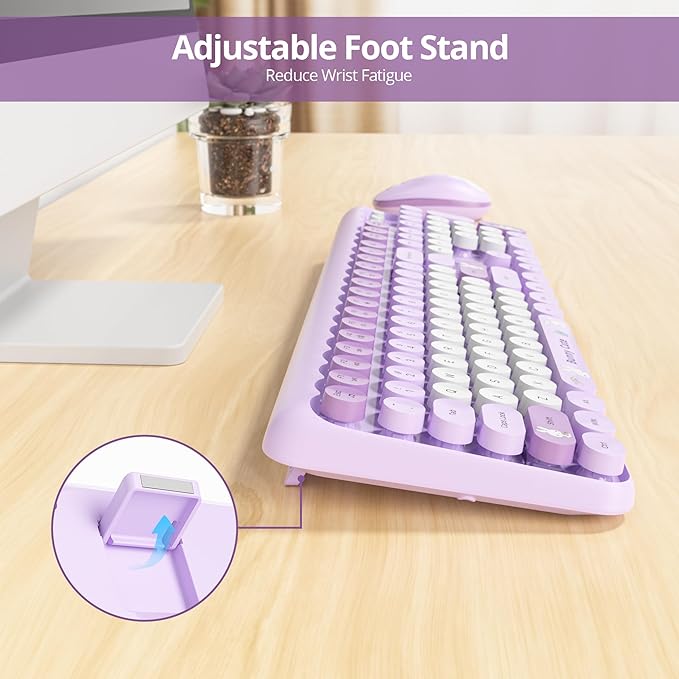 Owpkeenthy Cute Purple Keyboard and Mouse Wireless, Colorful Keyboard Retro Typewriter Style Full-Sized with Number Pad Round Keys for Desktop, Laptop and Computerr (Bunny Purple)