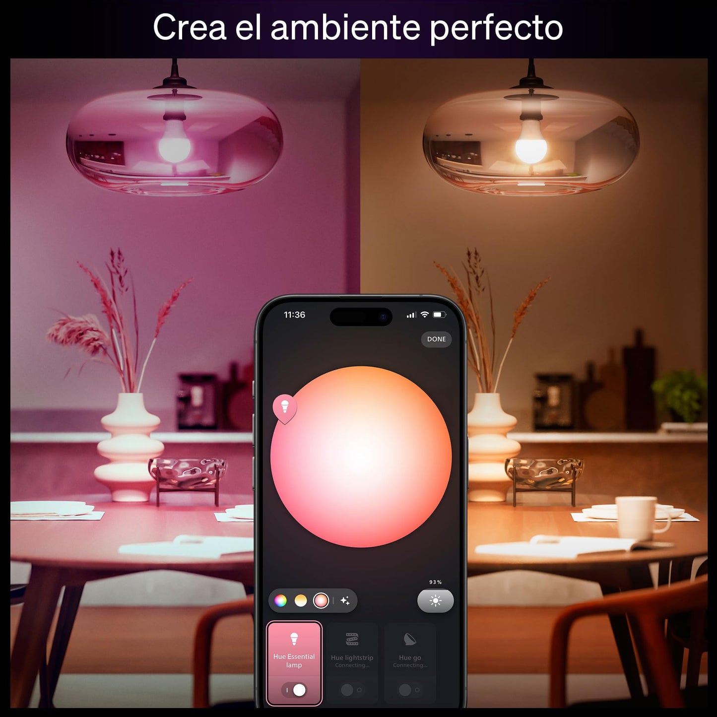 Philips Hue Essential Smart LED A19 Bulb, White and Color Ambiance, E26 Base, 8.8W, 2200K-6500K, 800 Lumens, Dimmable, Works with Alexa, Google, and Apple Home, 1-Pack