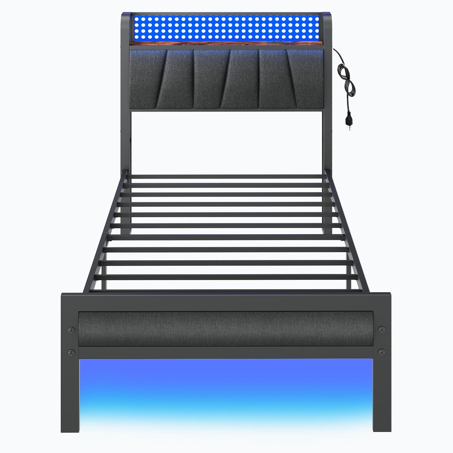 Furnulem Twin Size Bed Frame with LED Light and Charging Station, Grey Upholstered Storage Headboard with Shelf, Metal Platform Bed with Heavy Duty Slats, No Box Spring Needed, Noise Free