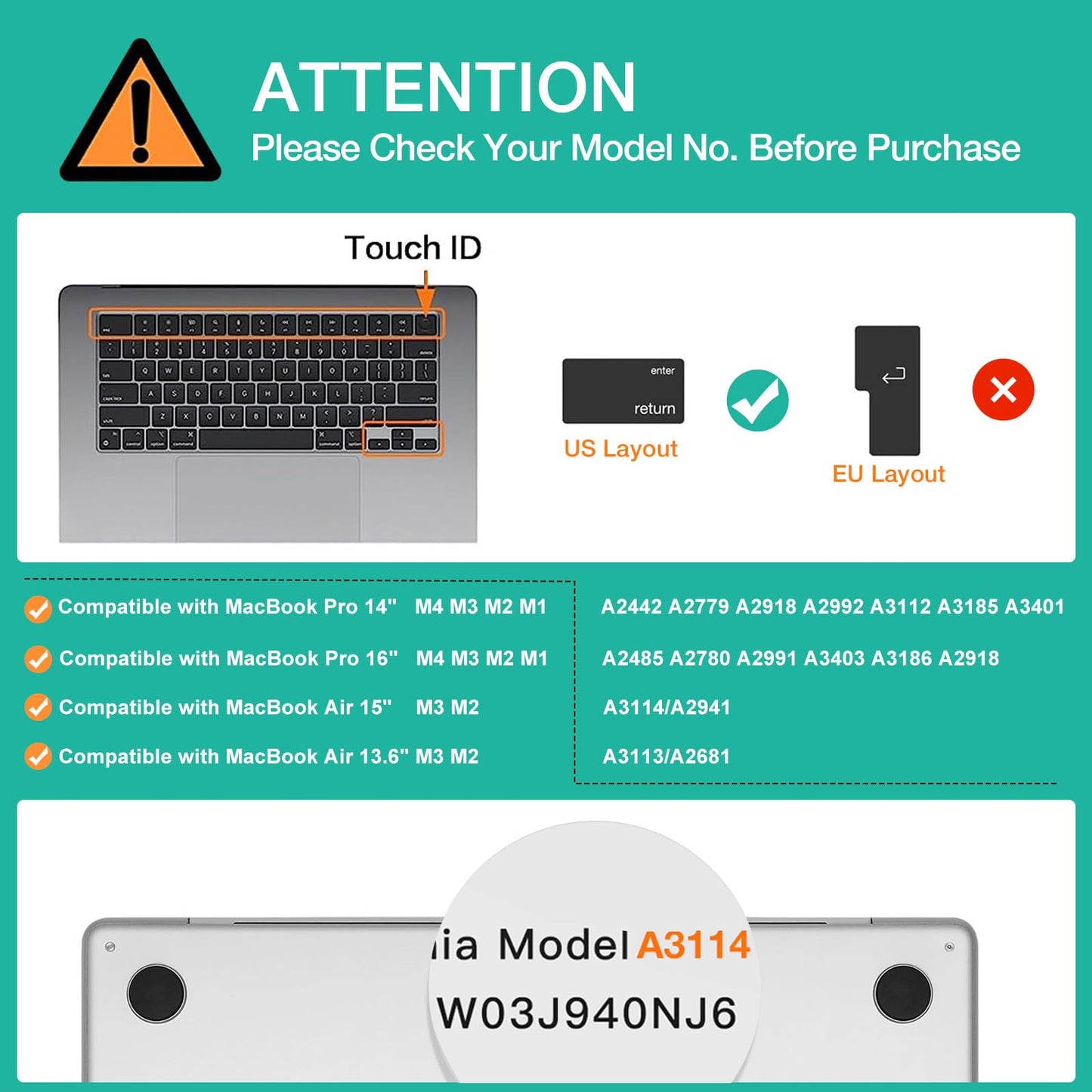 Mosiso Keyboard Cover Skin Compatible With Macbook Air 15 Inch M3 A3114 M2 A2941/Air 13.6 A3113 A2681/Pro 14/16 M4 M3 M2 M1, Bla