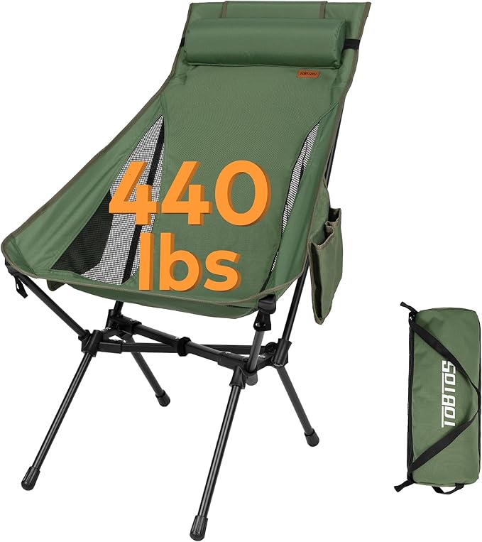 TOBTOS Portable High Back Camping Chair, Support Heavy Duty 440 lbs, Compact Folding Chair with Detachable Pillow for Cam...