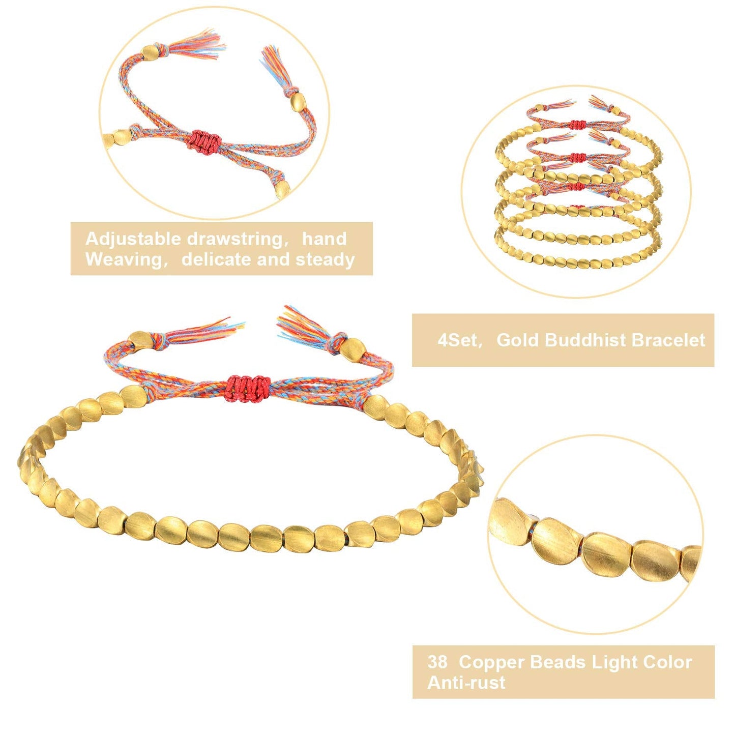 Hicarer 2 Pieces Tibetan Copper Bead Bracelets Handmade Braided Bracelets Adjustable Colorful Thread Beaded Bracelet (Trilateral