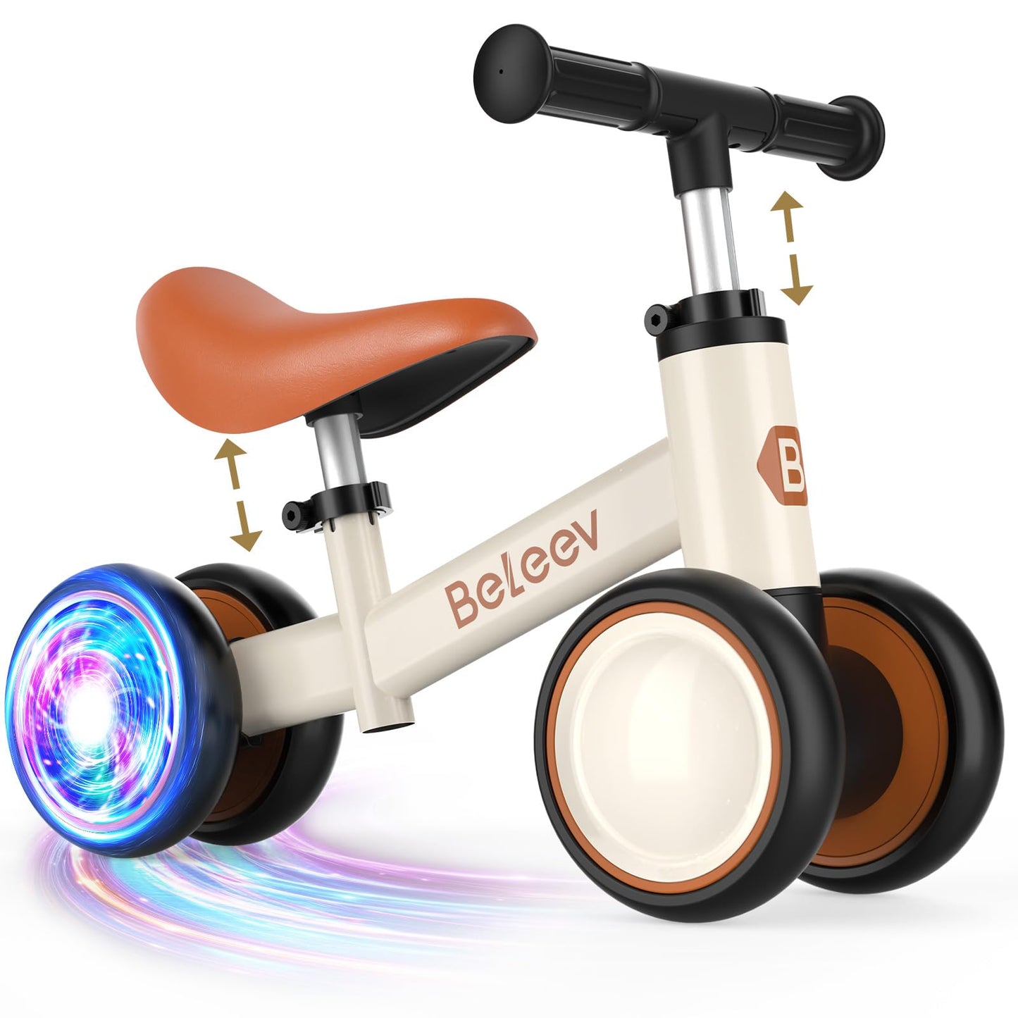 BELEEV Colorful Lighting Baby Balance Bike for 1-3 Year Old Boys Girls, Toddler Bike with Light-Up Wheels, Adjustable Seat & Handlebar, 135° Safe Limited Steer, First Gift for 10-36 Month(Brown)