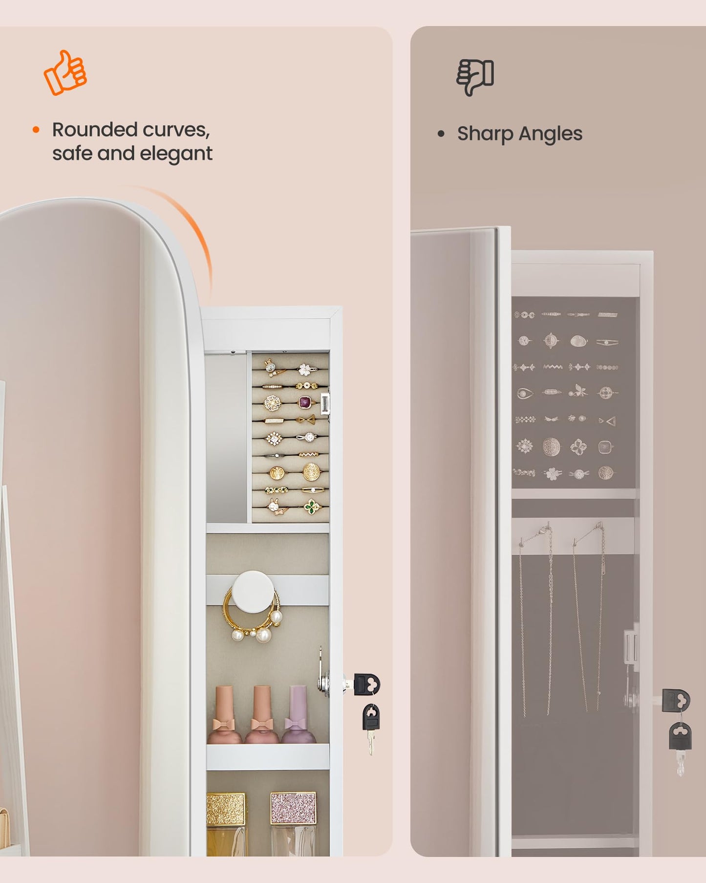 SONGMICS HOME Jewelry Armoire, Mirror Jewelry Cabinet, Full Length Mirror with Storage, Wall or Over The Door Jewelry Organizer Cabinet, Built-in LED, Lockable Armoire, White