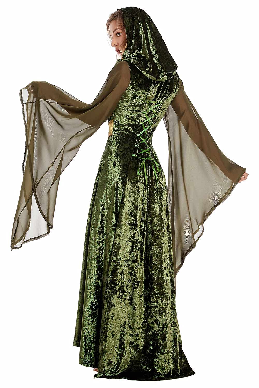 Sinastar Womens Medieval Dress Costume Hooded Lace Up Renaissance Velvet (100% Polyester) Trumpet Sleeve Gothic Green Gown
