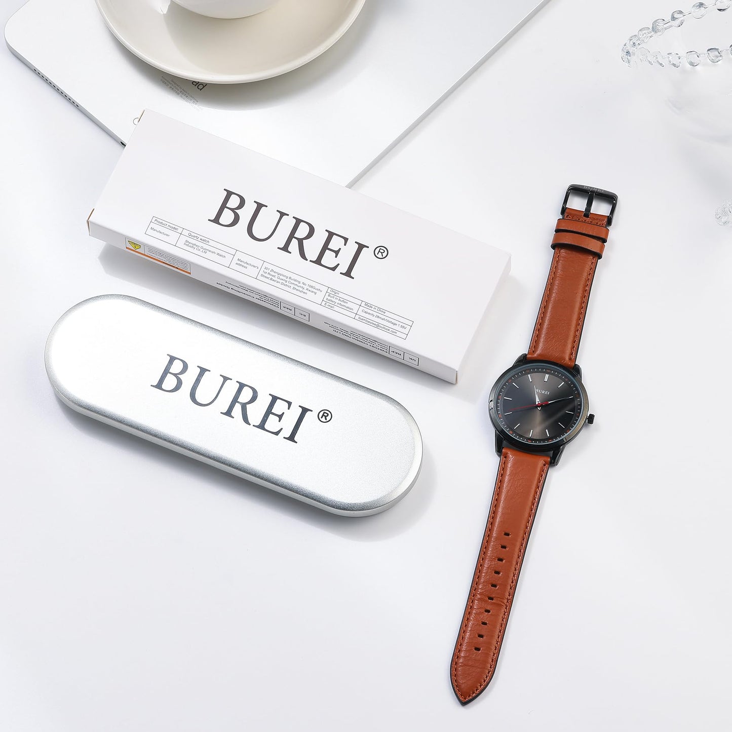 BUREI Mens Fashion Watches Brown Leather Analog Quartz Waterproof Watch Dress Minimalist Wrist Watches for Men, Gift for Men (Red Black Brown)