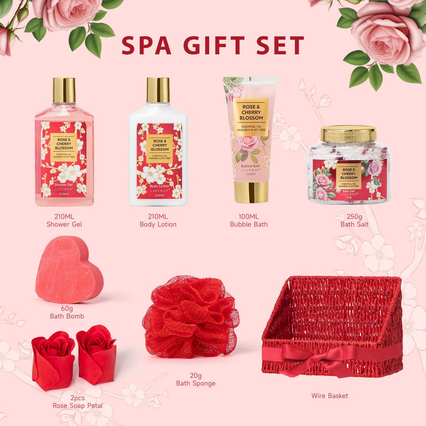 Bath and Body Gift Basket Set for Mothers Day - 9 Pcs Luxury Rose Spa Gift Basket Set for Women, Gift with Bath Bomb | Perfect Valentine's, Birthday, Christmas Gifts for Her, Gift for Mom All Occasion