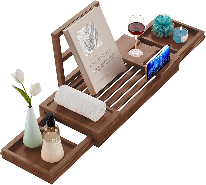 Yirilan Bamboo Bathtub Tray, Expandable Bathroom Tray,Browm