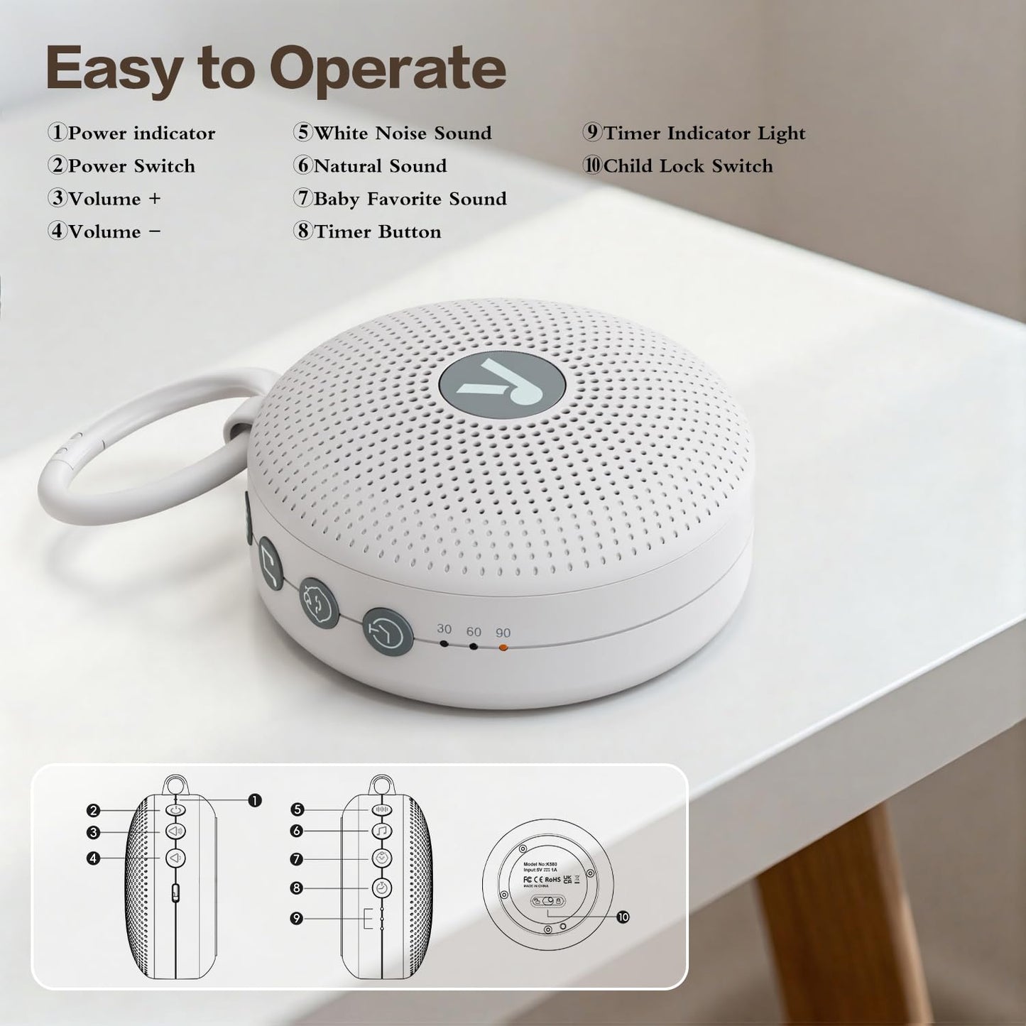 Portable Noise Machine for Baby Adult with 21 Natural Soothing Sound, Memory Function, Powerful Battery & 32 Levels of Volume, Noise Canceling for Sleeping, Sleep Sound Timer Therapy for Home, Travel