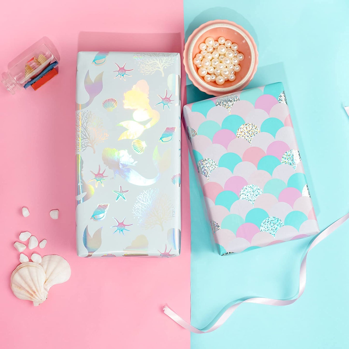 WRAPAHOLIC 30 Inch Mermaid Wrapping Paper - Jumbo Roll Colorful Foil Girls Wrapping Paper for Kids Girls Birthday, Baby Shower - 4 Rolls - 30 Inch X 120 Inch Per Roll
