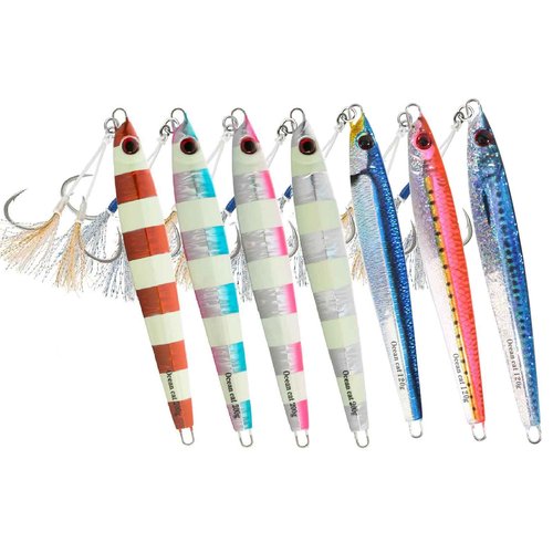 OCEAN CAT 1 PC Lead Metal Flat Slow Fall Pitch Fishing Jigs Lures Sinking Vertical Jigging Bait with Butterfly Hook for Saltwater Fishing Size 40g 80g 120g 160g 200g (7 Pcs Combo, 200g)