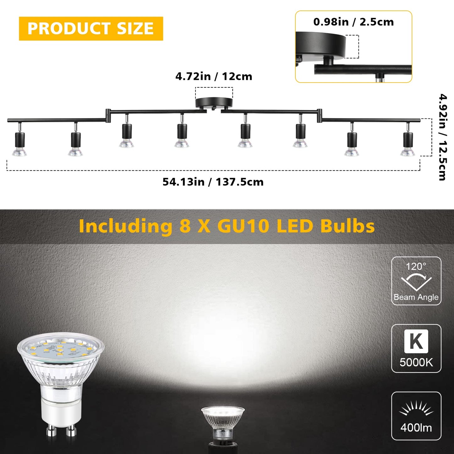 Unicozin LED 8 Light Track Lighting Kit, Black 8 Way Ceiling Spot Lighting, Flexibly Rotatable Head, Track Light Included 8 x LED GU10 Bulb (4W, Daylight White 5000K, 400LM)