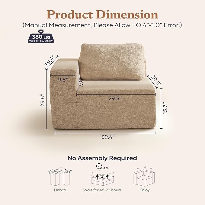 Furnify 40" Single Sofa for Adults, Upholstered Floor Sofa Couch with Pillow, Teddy Boucle Sofa for Bedroom Living Room, No Assembly Required (Teddy Boucle, Camel)