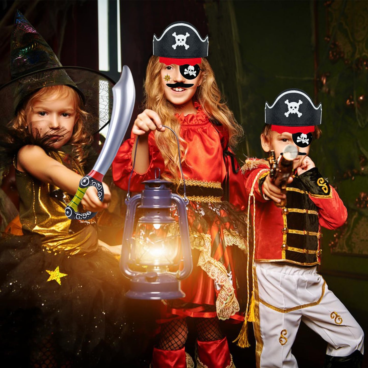 Fun Pirate Party Supplies Set - 153-Piece Fun Pack for Kids: Pirate Birthday, Adventure & Souvenir - Includes 12 Hats, 12 Eye Patches, 12 Swords, 12 Beards, 12 moustaches，100 Gold Coins & 5 Stickers