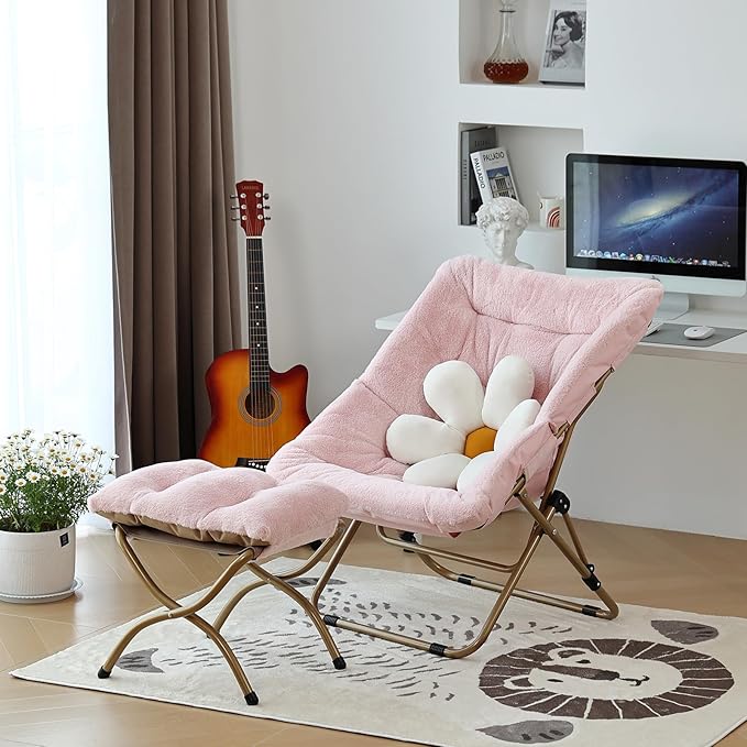 Givjoy Comfy Folded Chair, Soft Faux Fur Oversized Folding Chair, Flexible Lounge Lazy Chair for Kids Girls Teens Adults, Moon Chair for Dorm Rooms, Bedroom, Living Room
