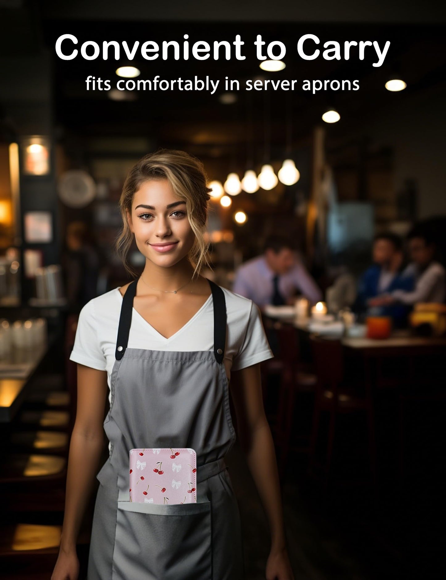 Zreal Cute Server Book for Waitress, Waiter Book with Zipper and Magnetic Pocket, Cherry & Bow Print Serving Book for Waitstaff in Restaurants, Leather Waitstaff Organizer Fits Server Aprons(Pink)