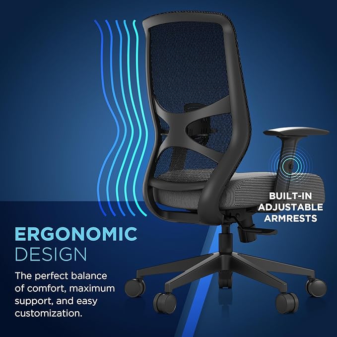 Tempur-Pedic ProTask Executive Task Office Chair with Cooling Gel Layer and Built-in Lumbar Support, Height-Adjustable Ergonomic Mesh Office Desk Chair, Grey