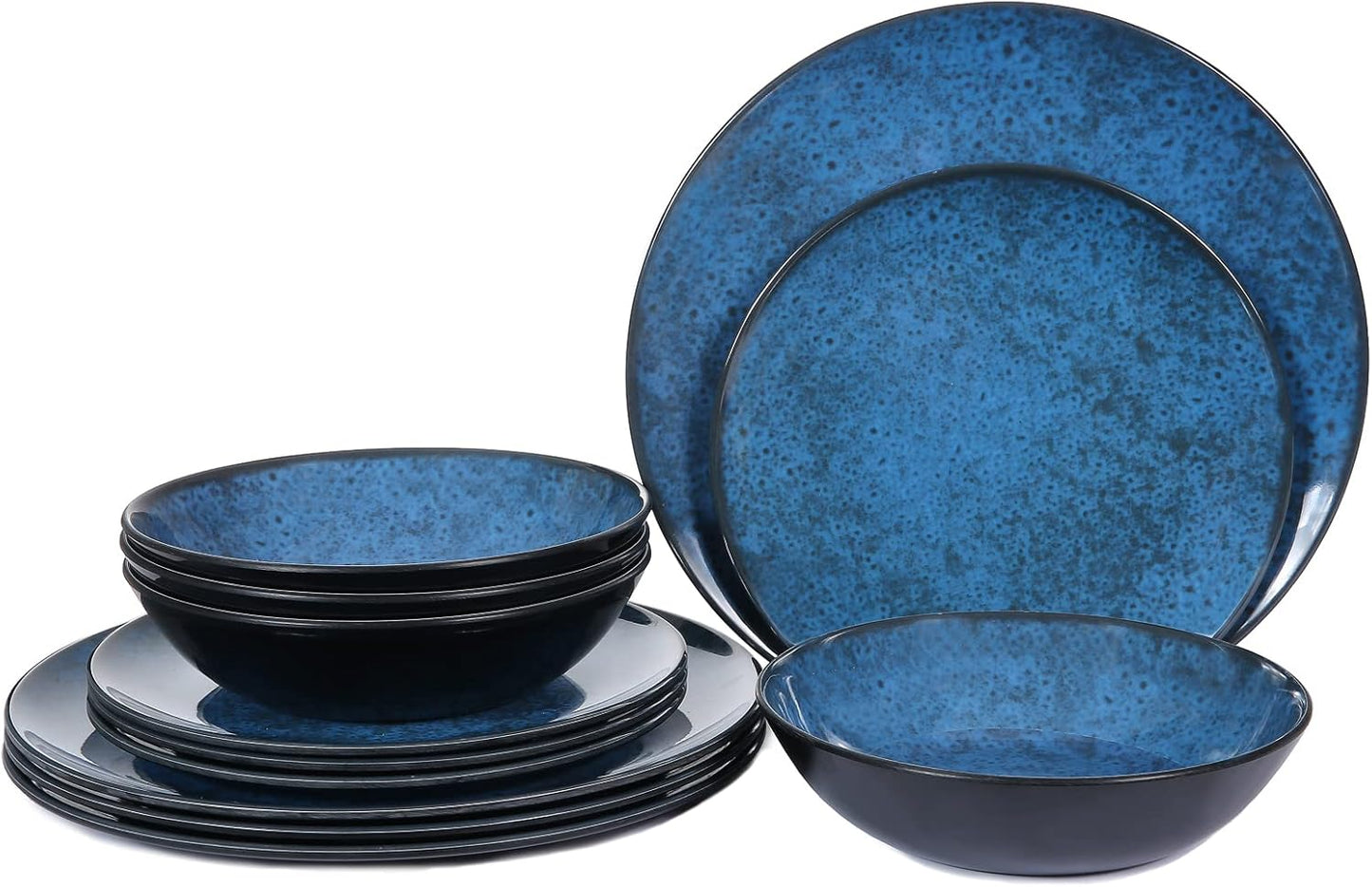 Melamine Dinnerware Sets for 4, Dinner Plates Bowls Set, Unbreakable Melamine Classic Blue Dinnerware, Dishwasher Safe Tableware Sets for Everyday Use, 12 Pcs