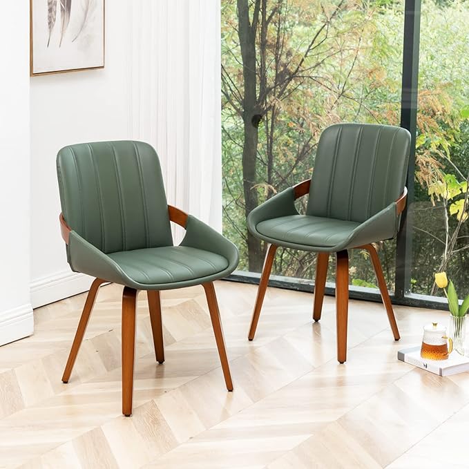 YOUUGIOR Mid Century Modern Faux Leather Upholstered Dining Chairs Set of 2,Armless Accent Chairs with Sturdy Natural Wood Legs,Bamboo Backrest Support for Kitchen&Dining Room Chairs(Green PU)